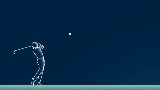 Abstract illust n of an athlete performing a dynamic golf swing launching a white ball into the clear dark blue sky