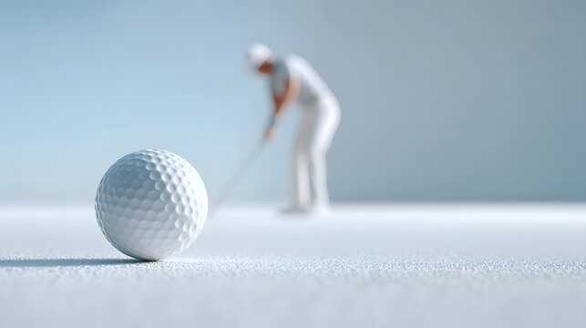 Close up of a textured golf ball in sharp focus on a clean white putting surface with an out of focus golfer in white attire in the distance preparing for a stroke
