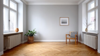 Fototapeta premium Empty interior room displays minimalist furniture and natural light sources