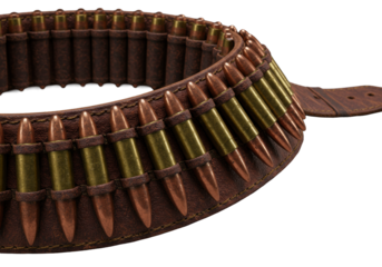 Vintage, deeply patinated mahogany brown leather ammunition belt with brass-tipped rifle cartridges, ultra-macro on transparent, dramatic chiaroscuro lighting, aged military craftsmanship study