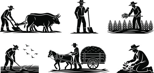 Black vector collection of traditional farming silhouettes including man plowing with oxen, horse cart and manual labor icons, isolated illustration set. © It's Majed Here