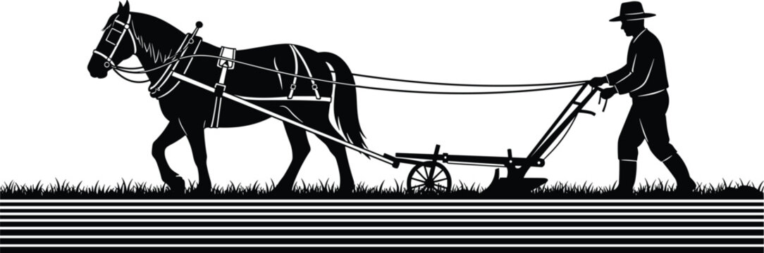 Black vector silhouette illustration of a male farmer plowing the soil with a horse-drawn plow in a field, isolated on white.