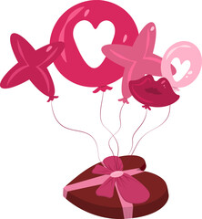 Charming vector illustration featuring a floating cluster of XO and kiss balloons tied to a heart-shaped chocolate gift box, symbolizing romantic gestures and sweet Valentine's Day celebrations.
