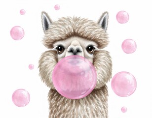 Obraz premium Cute Llama with Bubblegum Illustration | Playful Fluffy Alpaca Blowing Pink Bubble on White Background, Fun Animal Art for Kids, Nursery Wall Design, Whimsical Cartoon Character Artwork