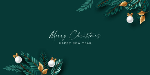 Christmas and New Year Banner. Christmas decoration concept. New Year and Christmas banners. Hand-painted spruce branches and golden leaves on a flat green background