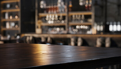 Empty Bar Counter with Blurred Background of Bottles and Shelves.