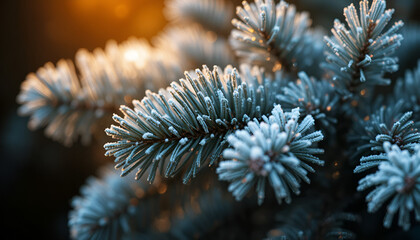 Close up of frosted blue spruce branch with sunlight shining through the needles in winter season