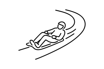 Line drawing of a person racing down an ice track on a luge sled, wearing a helmet and laying back in aerodynamic position.
