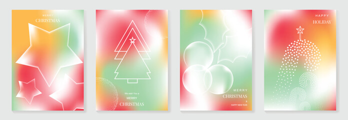 Fototapeta na wymiar Christmas and Happy New Year vector illustration with soft gradient colors, festive ornaments, trees and holiday elements — elegant design for cards, posters and prints.