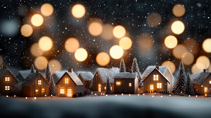 Fototapeta premium Christmas eco friendly sustainable green energy village with snow covered houses glowing lights and pine trees creating warm festive mood