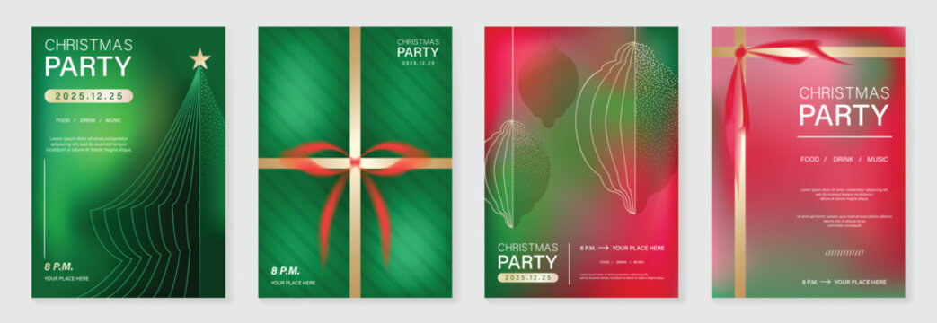 Christmas and Happy New Year vector illustration with soft gradient colors, festive ornaments, trees and holiday elements — elegant design for cards, posters and prints.