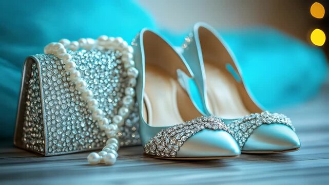 Elegant close-up featuring blue high heels, embellished bag, and pearl necklace, on a wood surface