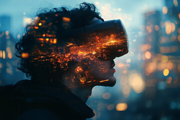 Young person immersed in colorful futuristic experience wearing VR headset, generative AI entertainment