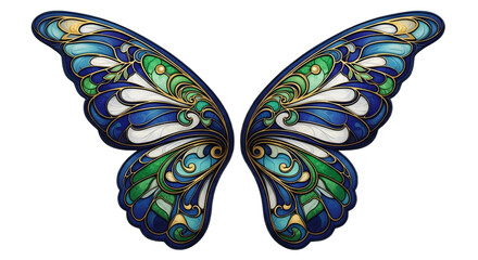 Ornate butterfly wings with blue green and gold on a white background on transparent background