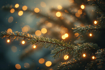 christmas tree with lights, snow and green leaves