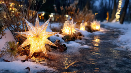 Illuminated paper star lanterns light snowy garden path, creating warm, festive, and sustainable winter atmosphere at dusk