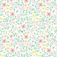 Beautiful floral pattern in small vintage flowers. Small blue, orange and white flowers. Coral background. Ditsy print. Floral seamless background. Gentle template for fashion prints. Stock pattern.
