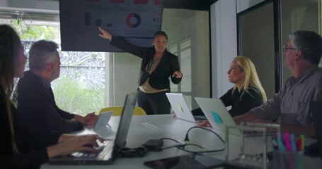 Businesswoman pointing at data visualization on screen while explaining to engaged team during presentation in conference room