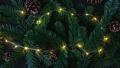 Fir Tree Branches with Warm Fairy Lights and Pine Cones