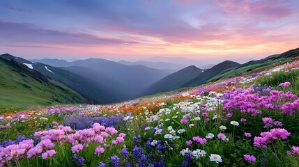 Obraz premium Expansive mountain landscape showcasing a lush meadow teeming with diverse wildflowers in vibrant hues of pink purple and orange set against a soft pastel sky at dusk
