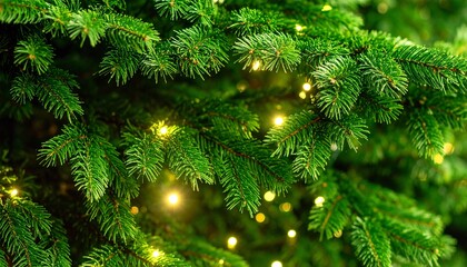 Christmas Tree Branches with Warm Lights on Green Background