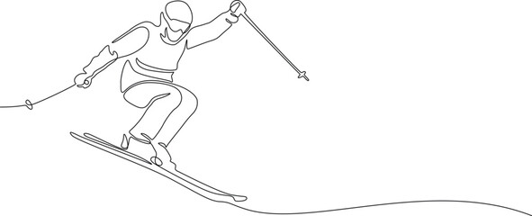 Freestyle skier jumping with poles drawn in single continuous line. Minimalist vector illustration isolated on white background. Winter sports concept 