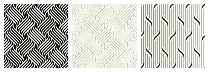 Vector seamless patterns set. Stylish linear ornaments. Geometric striped backgrounds with arches. Art deco thin monochrome swatches. Tileable prints with linear thin and bold weaves. © Curly_Pat