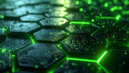 Illuminated Hexagon Grid: A futuristic image featuring a close-up of a honeycomb-like structure with hexagonal shapes. Bright green light accentuates the edges, casting a glow across the surface.