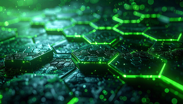 Digital Hexagons: An abstract composition of glowing green digital hexagons, evoking a sense of technological advancement, data networks, and interconnected systems. 