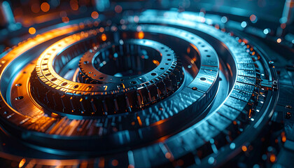 Gear Wheel Abstraction: A detailed close-up of intricate metallic gear wheels, bathed in a mesmerizing play of light and shadow, representing the core of innovation and technological advancement.