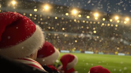 A festive Christmas scene at a soccer stadium, players wearing Santa hats, snow falling gently on the field, Christmas lights decorating the stands, fans cheering.