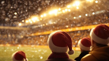 A festive Christmas scene at a soccer stadium, players wearing Santa hats, snow falling gently on the field, Christmas lights decorating the stands, fans cheering.