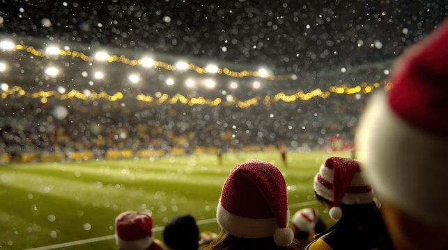 Fototapeta A festive Christmas scene at a soccer stadium, players wearing Santa hats, snow falling gently on the field, Christmas lights decorating the stands, fans cheering.