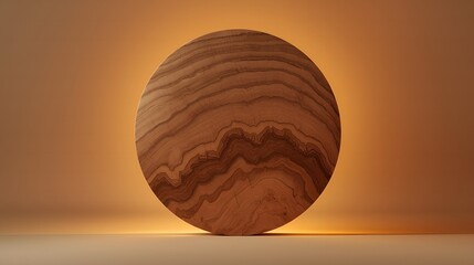 Circular Wood Sculpture with Topographic Texture and Amber Glow
