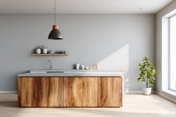 Modern kitchen interior showcases a large wooden island beneath a hanging light fixture
