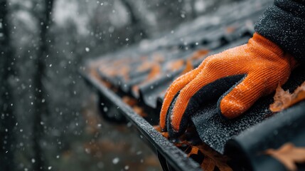 close-up of a person cleaning snow off a roof with a garden hose and gloves, with autumn leaves on the ground on a snowy day. "snowfall" concept. real photograph.