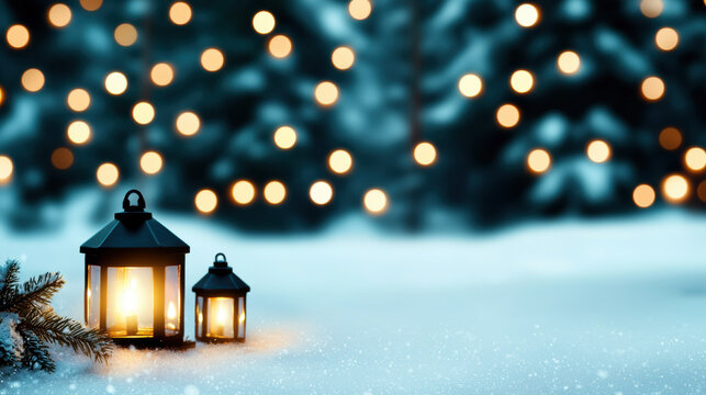 Christmas eco friendly lanterns glow in snow with sustainable green energy creating warm festive atmosphere outdoors at night