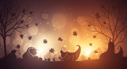 a captivating autumn scene depicts a silhouetted turkey pumpkins and trees against a warmly lit bokeh filled background evoking fall festivities high quality professional detailed modern