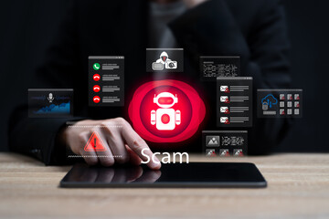 Scam, Businesswoman Using Tablet to Detect and Prevent AI-Driven Online Scams, Identity Fraud, Data Breaches, Phishing Attacks, and Call-Centre Crime with Cyber Awareness and Smart Security Protection