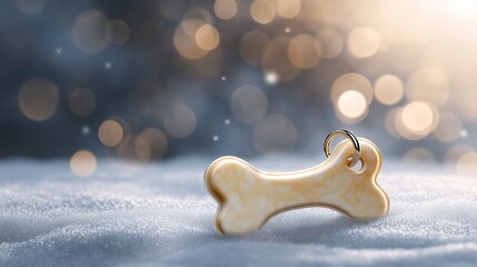 Veterinary ID tag shaped like a bone resting on snow, soft warm holiday glow, minimalistic symbolic composition, photorealistic