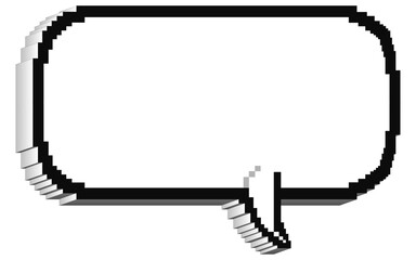 Pixel speech bubble, 8-bit style of Y2K, bold white dialog box with pixelated cursor, retro cartoon balloon shape comment or message box for gaming designs, chat, digital messages graphic.
