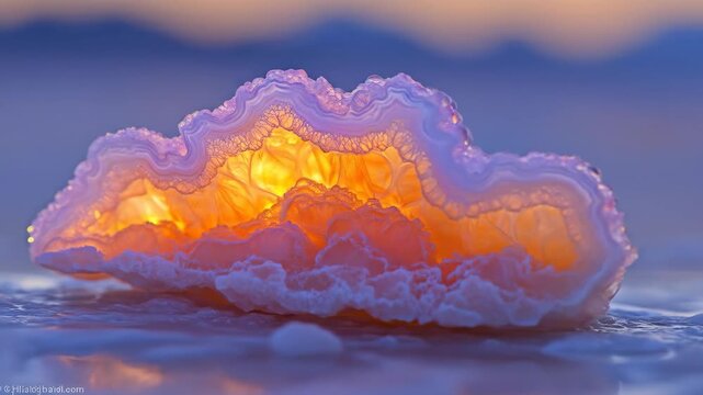 Glowing, layered agate or geode, backlit with fiery orange hues against a soft, blurred background