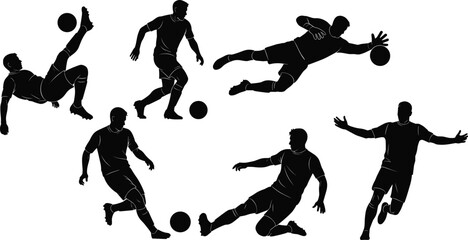 Black silhouette soccer players in various action poses with a soccer ball football