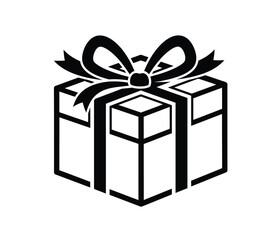 Black and white icon of a gift box with a big bow