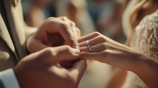 Groom gently placing a diamond ring on bride’s finger, close-up shot with emotional focus on hands, golden bokeh background and sparkles create romantic cinematic wedding atmosphere - Powered by Adobe