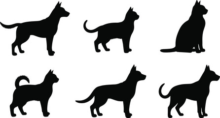Six black animal silhouettes of dogs and cats in various poses on white background