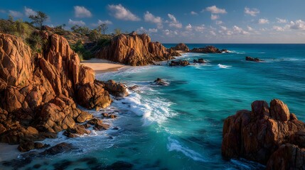 Obraz premium Weathered red rock formations line a vibrant turquoise sea during golden hour. Sunlight casts long shadows under a clear sky with some wispy clouds.