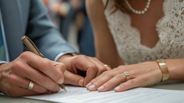 Closeup of bride and groom signing a prenuptial agreement, hands adorned with elegant jewelry, wearing formal wedding attire, indoor ceremony with soft background blur, commitment and legal formality