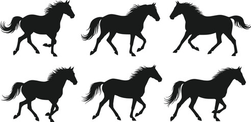 Six black horse silhouettes in various running poses on a white background vector