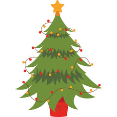 Decorated Green Christmas Tree With Star and Lights On Transparent Background Festive Holiday Celebration Symbol